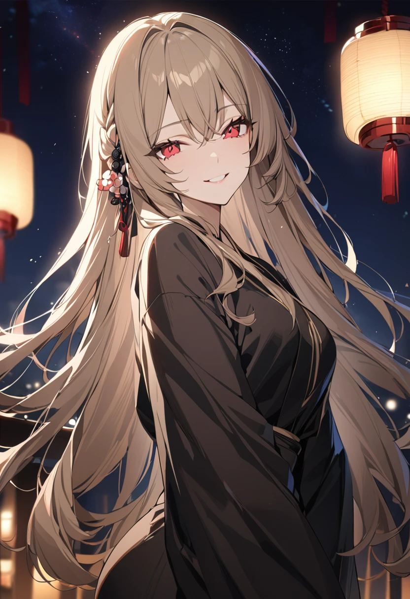 One girl, masterpiece, best quality, beautiful woman, smiling face, light brown hair, long hair, hair accessory, red eyes, black hanfu, night sky, anime