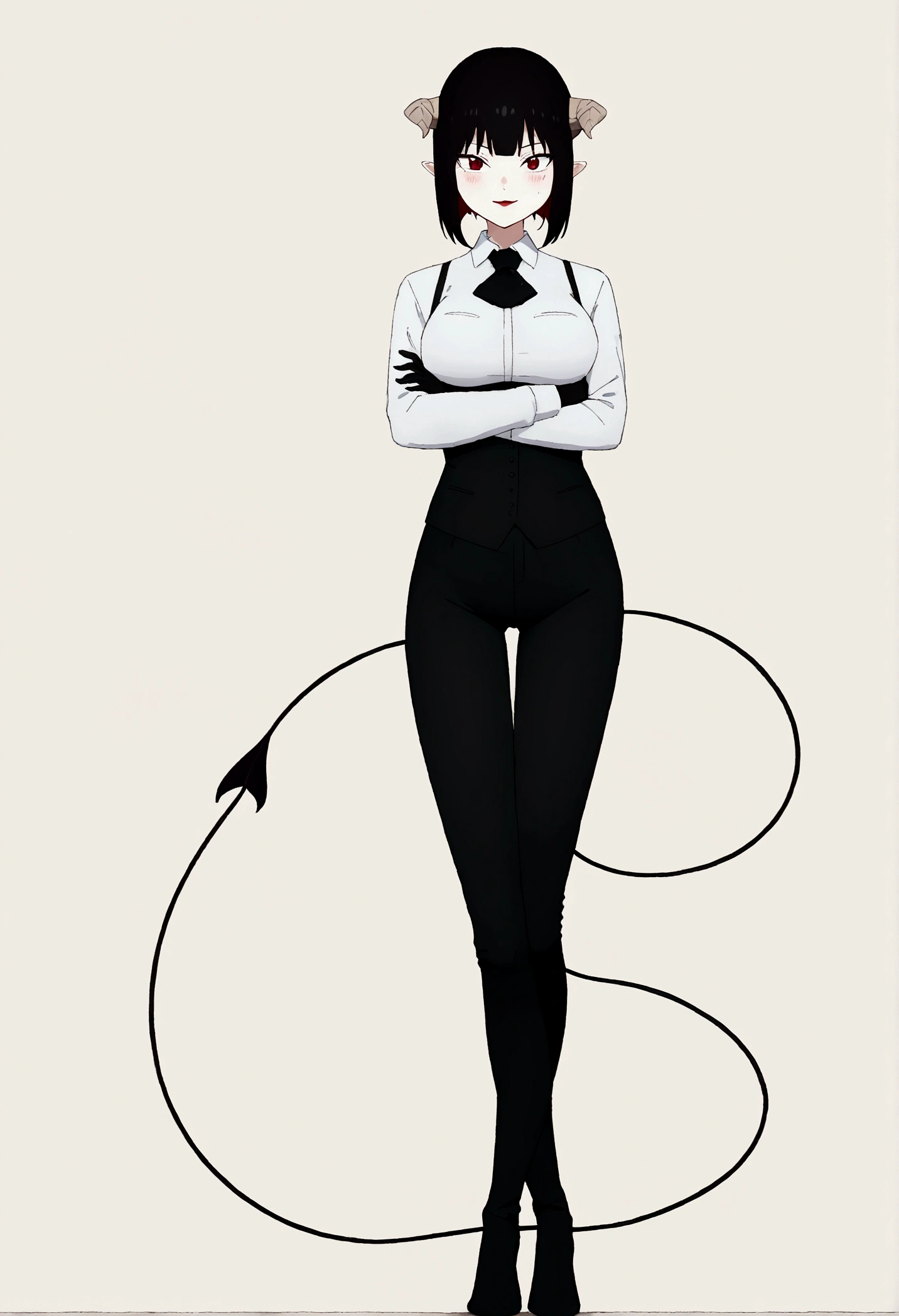 work of art, best qualityer, high resolution, 1girl horns short hair demon tail, white shirt black ascot black gloves black pants black vest , crossed arms,Eyes red,blushed,ssmile,fully body,forst
