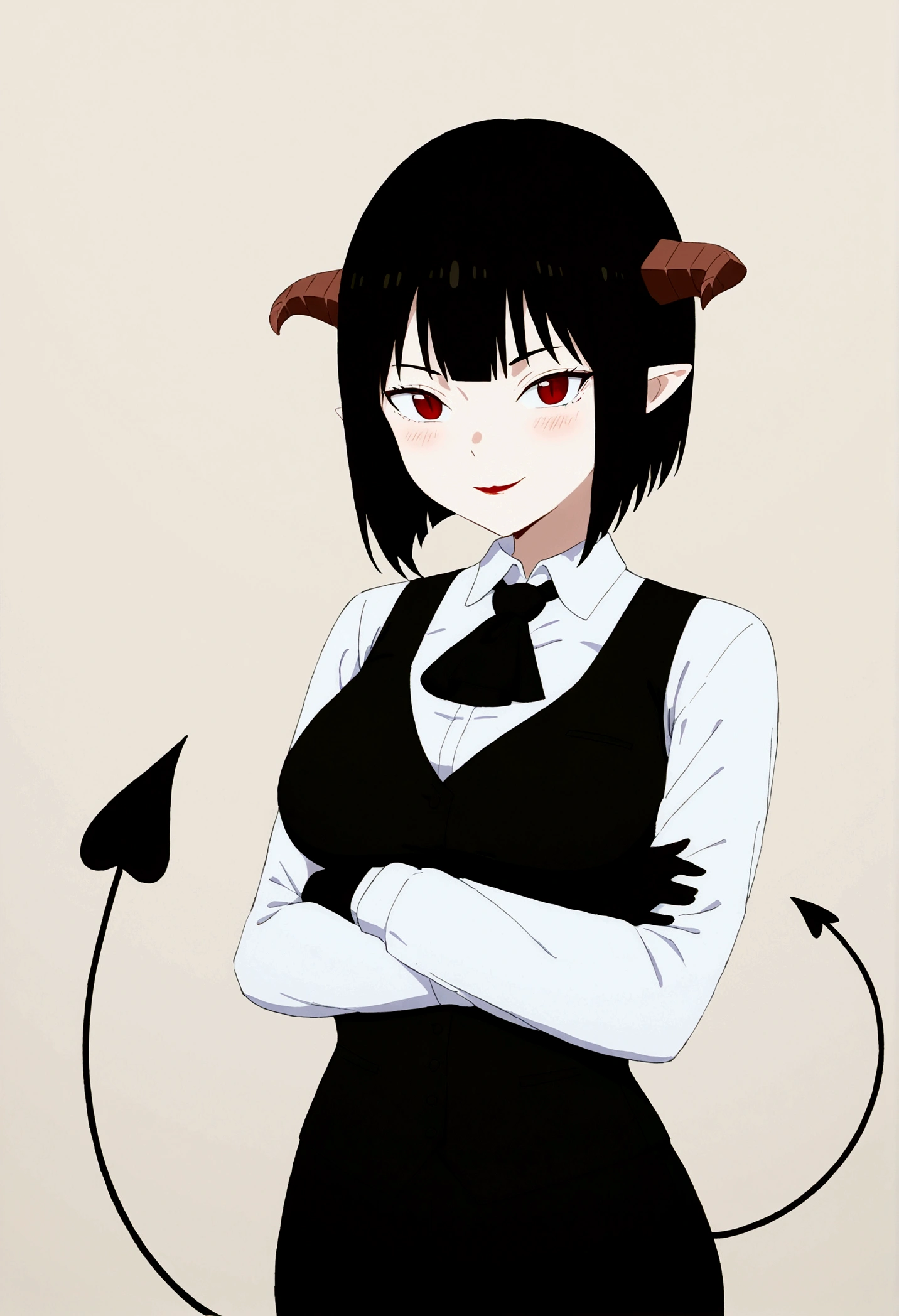 work of art, best qualityer, high resolution, 1girl horns short hair demon tail, white shirt black ascot black gloves black pants black vest , crossed arms,Eyes red,blushed,ssmile,fully body,forst