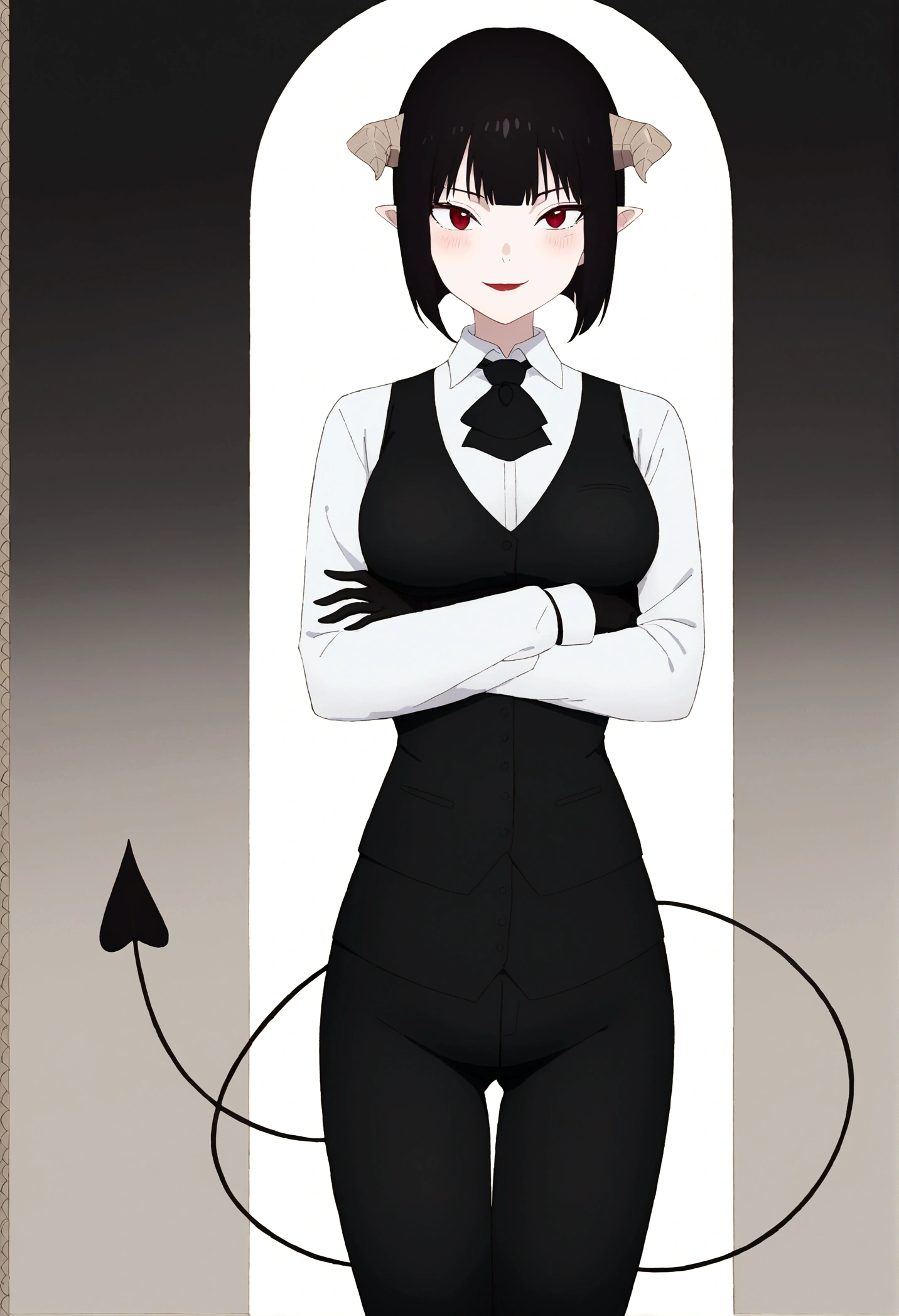 work of art, best qualityer, high resolution, 1girl horns short hair demon tail, white shirt black ascot black gloves black pants black vest , crossed arms,Eyes red,blushed,ssmile,fully body,forst