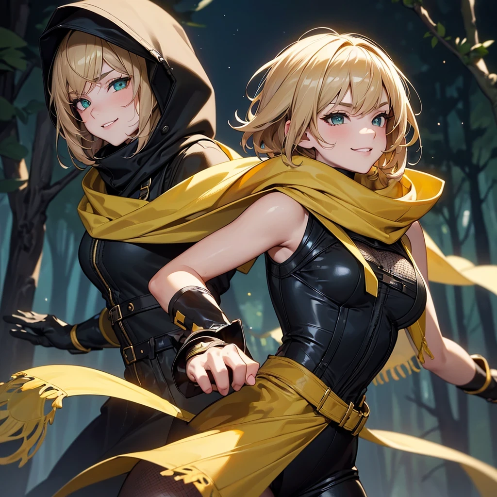 (Super detailed:1.3), ((((best quality)))), ((masterpiece)), female focus, solo, powerful glow, detailed face, detailed eyes, detailed lips,dark forest background,(starry night sky), blue moon,((dirty blonde hair)),short hair,shaggy hair, (brown thief attire), (wearing hood:1.3), green eyes, (pale skin:1.2),((smirk)),almond-shaped eyes,cute face,close-up shot, depth of field, (yellow scarf:1.2),(black hood:1.2),young girl,(ager),(goggles:1.2),(black mesh undershirt:1.3),brown corset, European ninja,sleeveless,gloves
