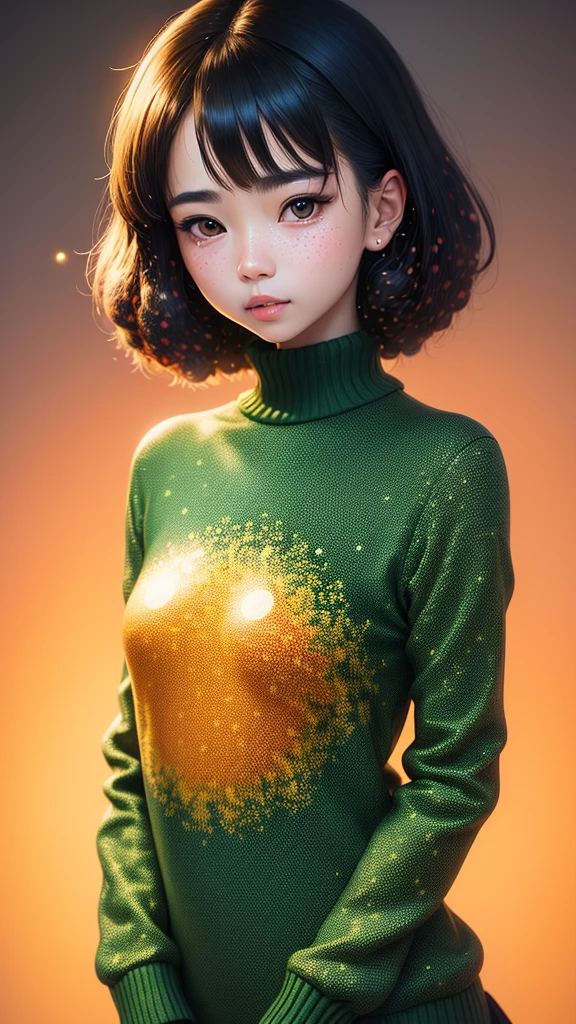 (masterpiece, best quality:1.2),illustration art,Kusama Yayoi's style,simple background,a beautiful girl,Skin detail processing,The eyes are very detailed,sweater,(((Speckled pattern))),green,blue,White,,black