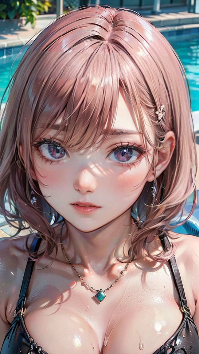 (Masterpiece, BestQuality:1.3), (ultra detailed:1.2), (hyperrealistic:1.3), (RAW photo:1.2), High detail RAW color photo, professional photograph, (Photorealistic:1.4), (realistic:1.4), professional lighting, perfect ???????, (Big Breasts:1.2), (blush, detailed face), (cheerful Smile:1.5), (Pink Hair:1.5), Trending Hair&Trending Hairカラーをランダムに, earrings, necklace, bracelet, sexly, erotic sexly, Random sexy gravure poses, (By the pool、Sexy beauty in a sheer black bikini。With a body dripping with water、Smiling sensually at the camera。Red lipstick makes your lips stand out。: 1.3)