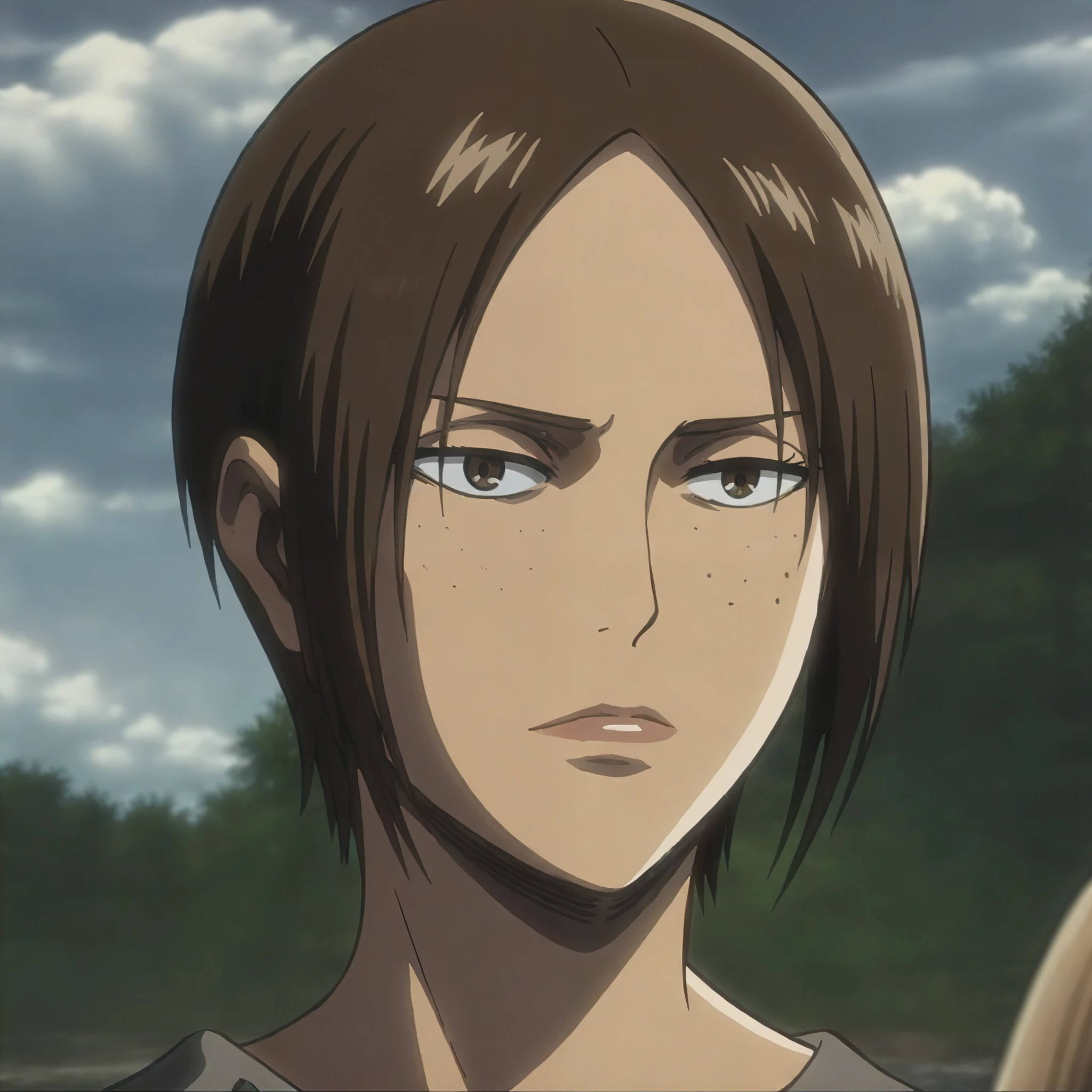 score_9, score_8_up, score_7_up,1girl,source_anime,brown hair,short tied hair,brown eyes,freckles,detailed face,masterpiece,best quality,outdoors,