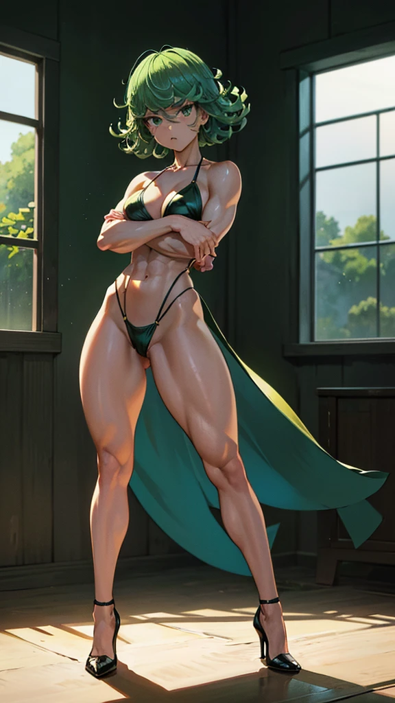 (((1 girl))), (Tatsumaki of a punching man), (short green hair), (green eyes), , (((wearing bikini))), full body view, (in a motel room) , (((Delgado, muscular legs))), thin waist, Stomach Muscles, big ass, (((Full body photo))), wearing a green high heel shoe, (((in front of me with arms crossed))) , (((grumpy))), (HDR), eye flash, extended eyes, extended eyes, moody, cheered up, minimalism, cheered up style, ray tracing, cinematic lighting, cinematic lighting, shine, shine, jpeg artifacts, bright light, rays of god, ray tracing, drop shadow, panorama, Sony FE, from behind, below, below, ultra hd, artwork, necessary, necessary, anatomically correct, super detail, high quality, Best Quality, very high, 16k