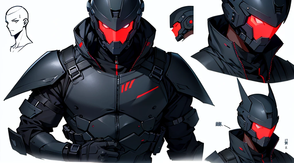 Character design sheet、male、Black military uniform、Body Armor、Full Face Cyber Helmet