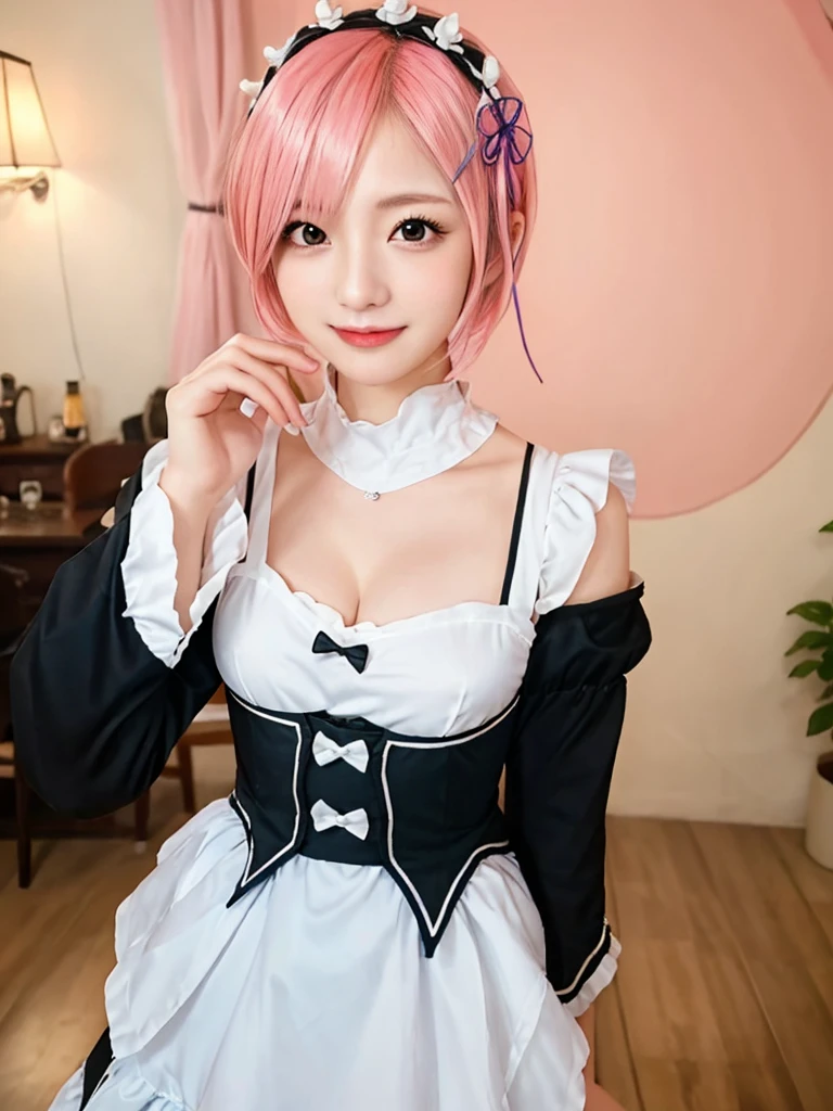 Accurate depiction with high resolution,(8K, Photorealistic, Raw photo, of the highest quality: 1.3), (1girl in), Super beautiful, (Realistic face), (boyish, pink Color Berry Shorthair), Beautiful , Glare that captivates the viewer, Beautiful expression, Beautiful breasts, (Realistic skin), Be...Create a detailed and colorful image of Ram and Rem from Re:Zero, standing back-to-back in their maid outfits, with a magical fantasy background、14years old, two girls,cute, perfect face, beautiful, nice body, gothic ta clothes, gothic loliashion, frilly skirt, headdress, necklace, bracelet, knee-high socks, boots, double eyelids, tear bags, Detailed down to the fingers, photo-like description, indoors, dim indoor lighting, one girl is pink hair and short bob, another girl is light blue hair and short bob,standing,whole body, composition that shows the whole body, smiling,The Both of them are wearing the same type of maid outfit,Optimal ratio of 4 fingers and 1 thumb,walking
