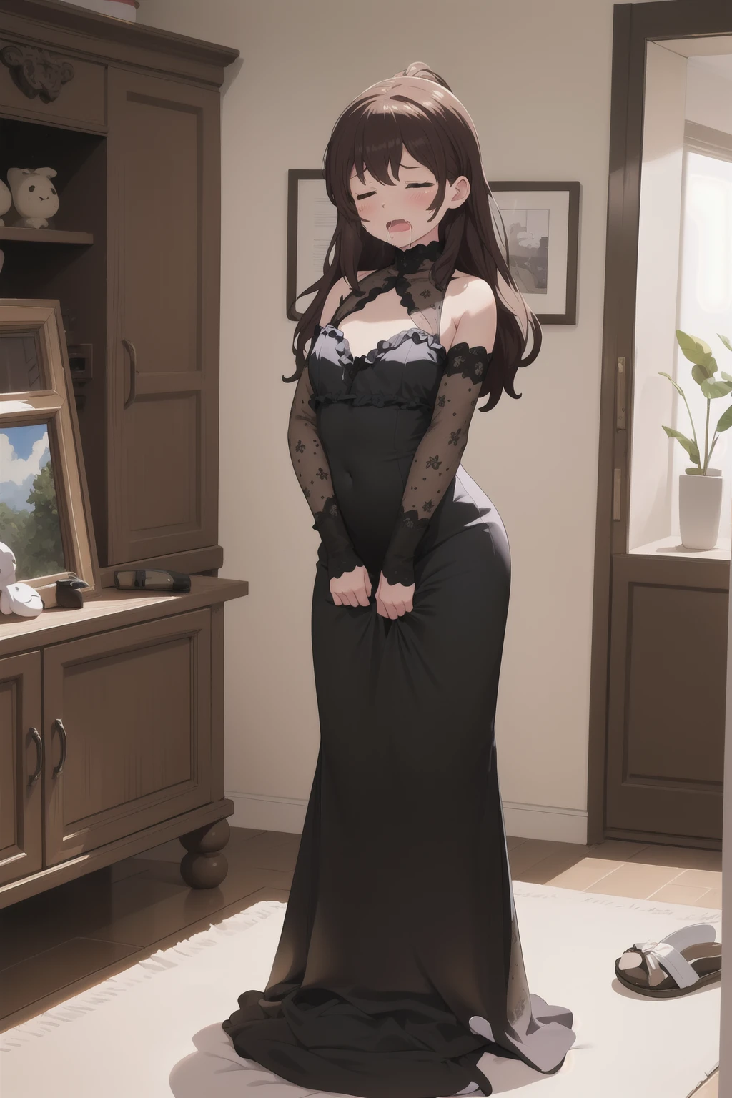 Highest quality, (masterpiece:1.2), Very detailed, (masterpiece), (figure),indoor,indoor,Girl's Room,On the bed, Upper Body, face, face focus,Open your mouth,saliva,Close ~ eyes,Are sleeping,Yellow pajamas, Brown Hair, short hair, ponytail,Flat Chest,笑face,