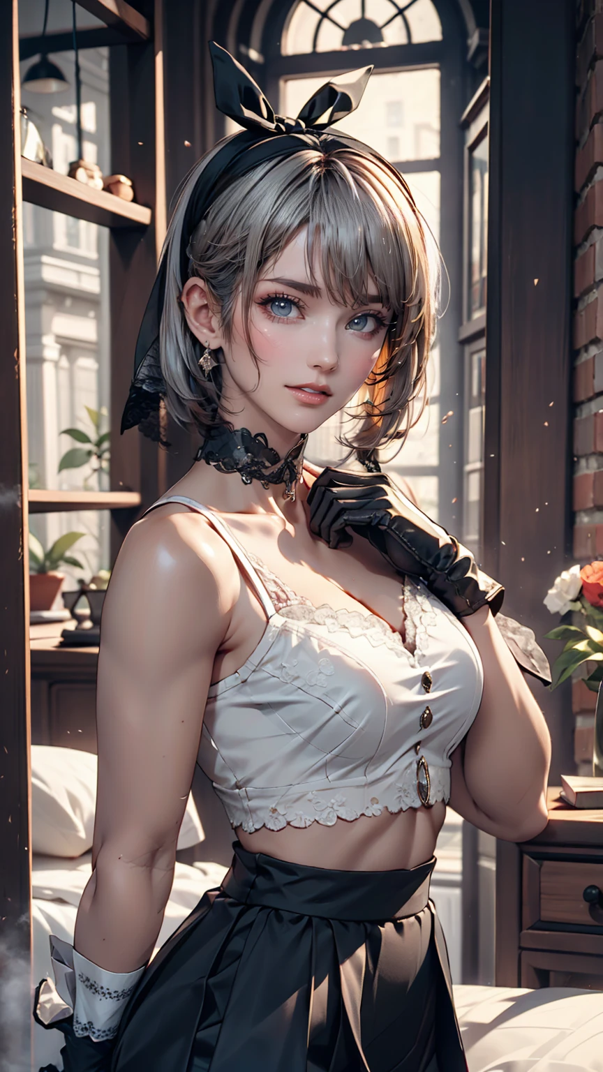 (8K, Reality, RAW photos, Top quality: 1.4), (1 Girl), Super beautiful, (Realistic face), (Childish, Short silver berry hair), Beautiful cyberpunk set, Staring at the audience, Beautiful expression, Beautiful breasts, (Realistic skin), beautiful smile, (Soldier), attractive, Ultra-high resolution, Surreal, HD, Spoiled