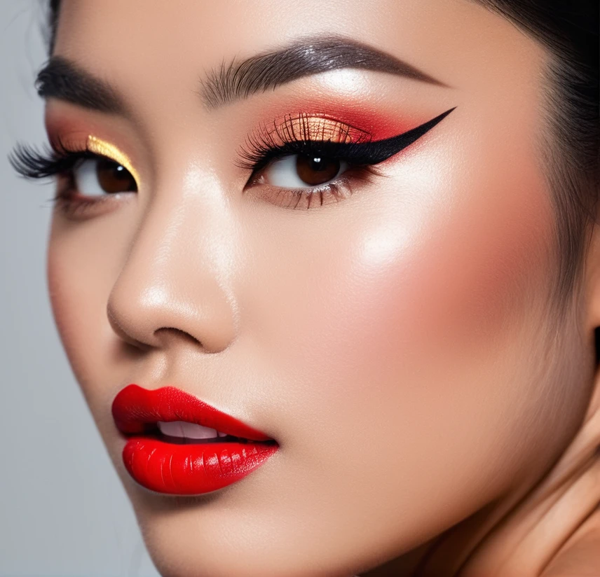 there is a woman with long black hair and a red lipstick, red lipstick on face, woman's face looking off camera, bright red lipstick, an asian woman, detailed face of a asian girl, detailed face with red lips, portrait of mulan, asian face, light-red lips, faint red lips, sexy face with full makeup, closeup shot of face. Close up photoshoot of model face, natural looking eyelash individual extensions, volume eyelash extensions, toned skin, high detailed image, masterpiece, highest quality, model look into space, studio light, white background, 50mm lens, close up portrait, focus on eyes, focus on eyelash extensions, eyelash extensions commercial photoshoot, naked bare shoulders, super realistic image, hith fidelity, high detailed natural looking skin, natural looking eyelashes, masterpiece, UHD, 4k, loreal commercial image, mascara commercial, detailed skin of the face and shoulders with imperfect texture, eyelash extensions, volume eyelash extensions, eyes is a primary part of the image, model shoulders are naked, close up portrait with naked shoulders, Патрик Демаршелье, Patrick Demarchelier style, studio photo sexy model pose, show open shoulders, high detailed lashes