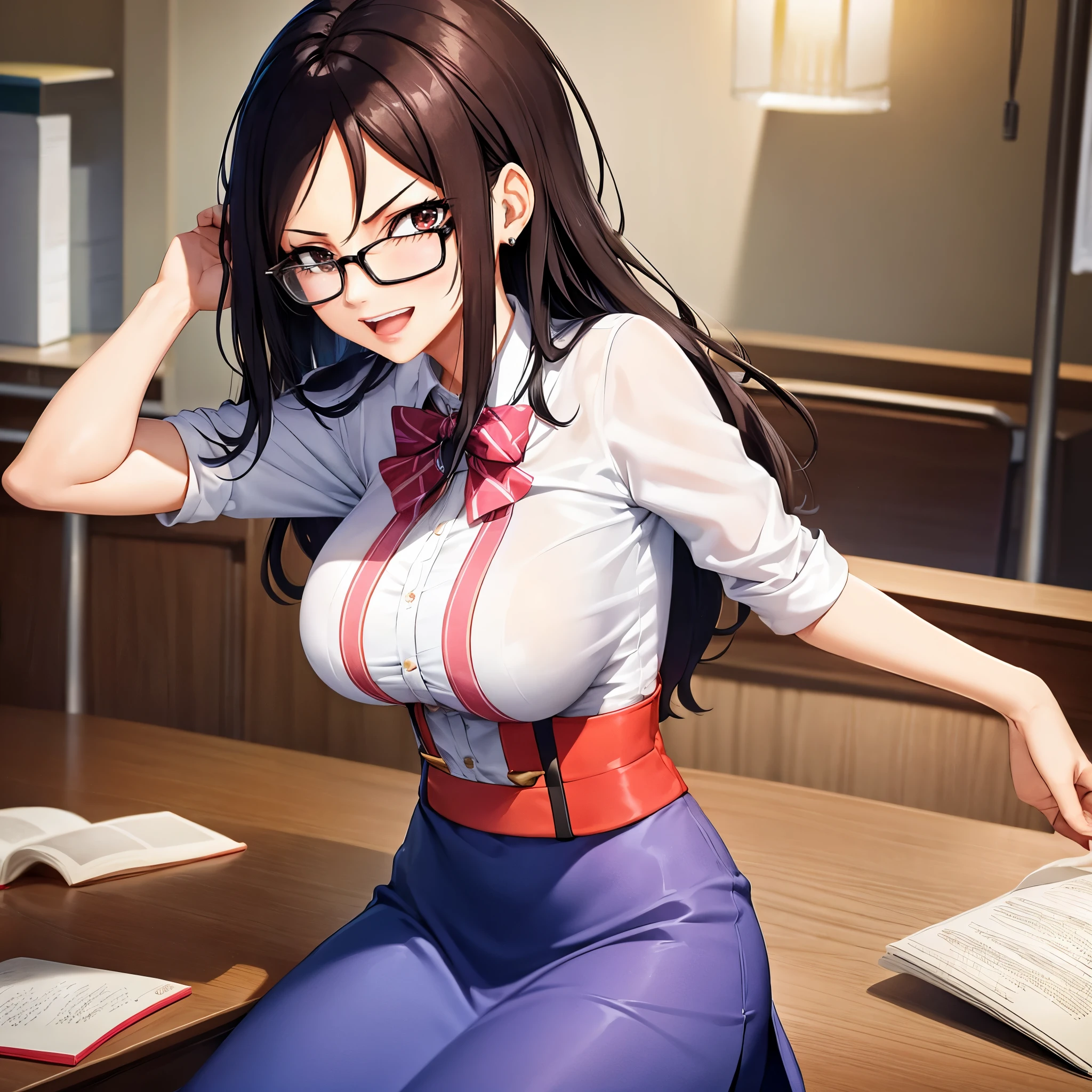 Your influencer character(sexy milf boobs) with long, dark hair dancing on a University Classroom, study table is full of books and notes . She is dressed in a University themed dress with glasses and has a joyful expression on her face. colourful and bright colouring. 