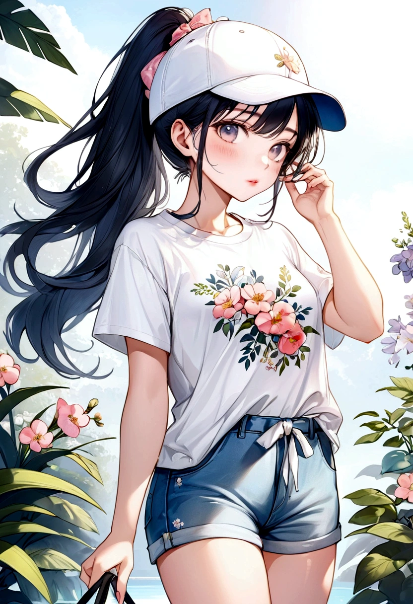 The 18 year old girl wore a white cotton t-shirt with a small floral motif which gave a feminine and fresh impression. Light blue denim shorts add a comfortable casual feel. White sneakers complete her look, giving her a relaxed and ready-for-the-outdoors vibe. Her long, black, shiny hair was tied in a high ponytail with a pastel colored scrunchie, adding to her youthful and energetic impression.
A white baseball cap and sunglasses add a touch of style while protecting from the sun.
The girl's makeup is very natural with BB cream which gives the impression of smooth skin, peach blush which makes her cheeks look fresh, and pink lip balm which gives a little color to her lips. Waterproof mascara makes her eyes look more defined without being overdone.