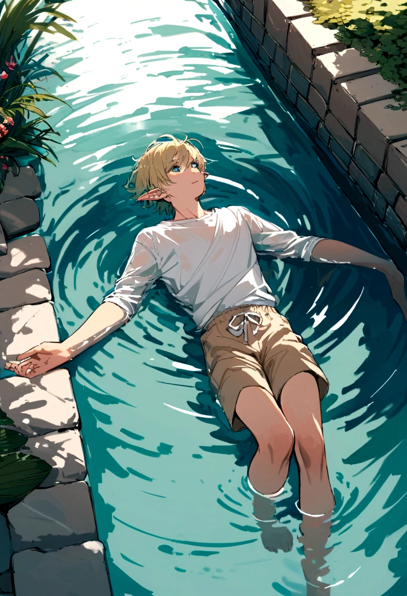 An elven man floating in water wearing only a simple white shirt and simple beige shorts,blonde elf man,Short Hair,Beautiful Water,Floating,relax,juvenile,youth,Pond surrounded by cobblestones