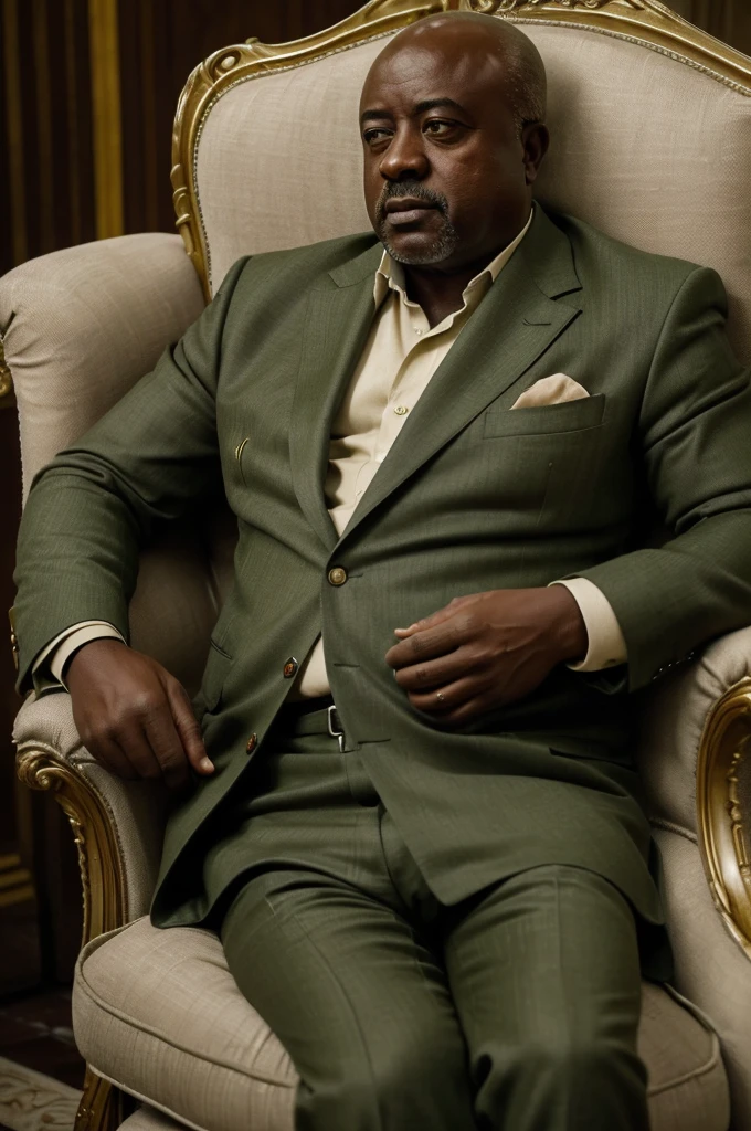 ((Masterpeice, 8k, hyper-realism, highest quality) image of President Laurent-Desire Kabila in his khaki-green suit slumped over his beige armchair seemingly dead. Bullet wounds visible on his forehead and blood visible on his body. Setting: the marble palace in kinshasha))