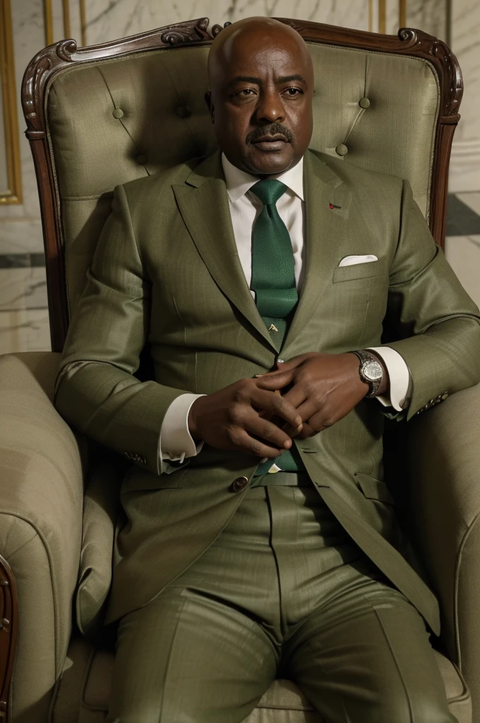 ((Masterpeice, 8k, hyper-realism, highest quality) image of President Laurent-Desire Kabila in his khaki-green suit slumped over his beige armchair seemingly dead. Bullet wounds visible on his forehead and blood visible on his body. Setting: the marble palace in kinshasha))