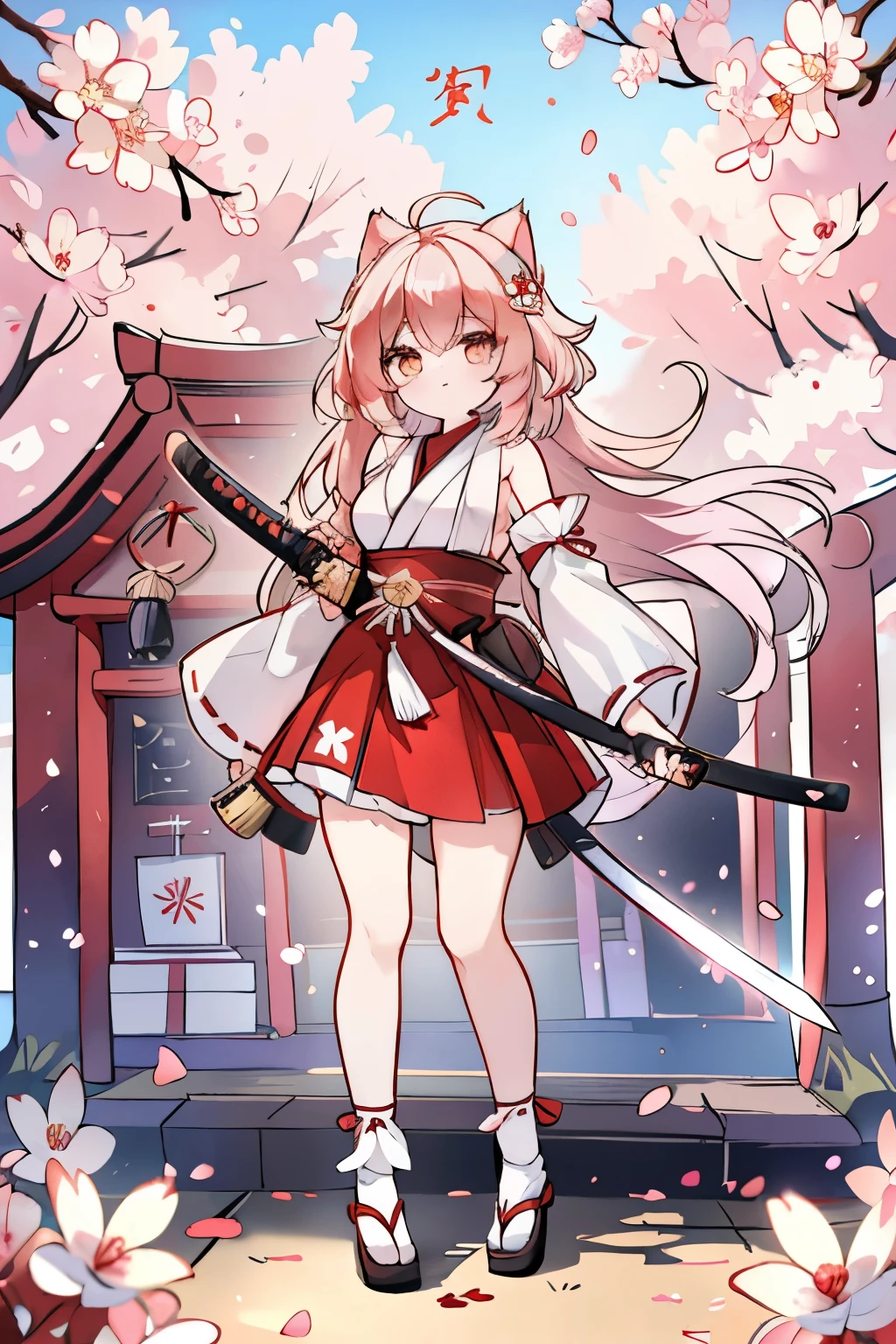 1 girl, tall girl,  ((solo)), (cat ears, pompom in cat ears:1.2), (white ears, two ears), white long hair, (katana, katana sword, wearing katana sword:1.2), (Full Breasts), High Height,masterpiece, high resolution, shiny, full body, beautiful,A cute smile that makes the viewer happy, highly detailed beautiful face and eyes,looking at viewer,  (miko,shrine maiden clothes:1.2), (Female Warrior), (shrine), sunlight, (petals, cherry blossom, sakura), 4k, 8k, 