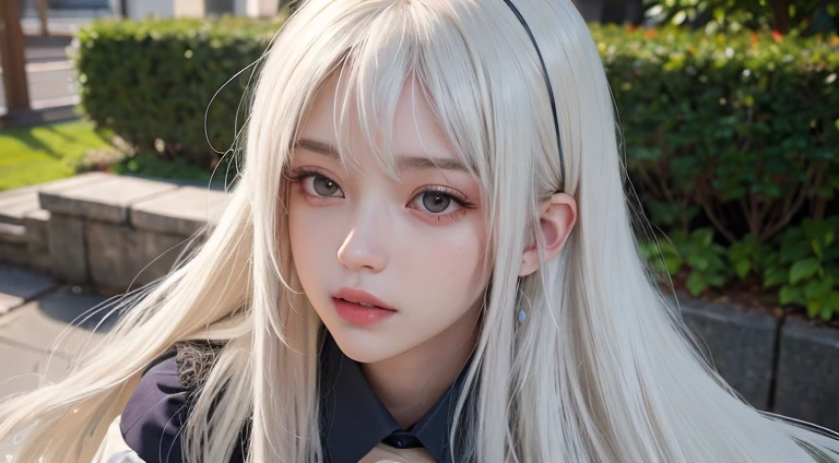 (Long Hair, bangs, Platinum Blonde Hair:1.2),(Wearing school uniform:1.2),1 girl,Japanese,21 years old,(Small breasts:1.3),(Highest quality,masterpiece:1.3,超A high resolution,),(Ultra-detailed,Caustics),(Photorealistic:1.4,RAW shooting,)Ultra-Realistic Capture,Very detailed,High resolution 16K human skin close-up。 Natural skin texture、,Pores、、It needs to be detailed enough to be easily identifiable。 Skin should be even-toned and healthy looking。 Use natural light and colour, Sad expression, Looking at the camera, Perfect dynamic composition, Outdoor