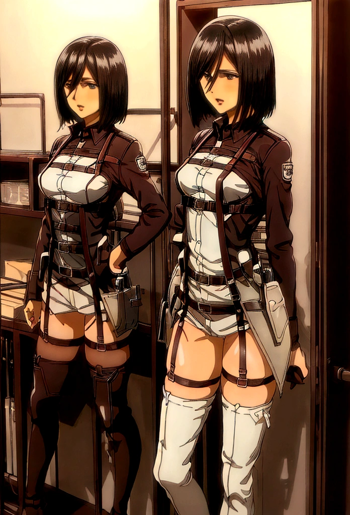 Mikasa Ackerman, teen, cabello negro, bodysuit blanco, medium breasts, suspender belt, lace stockings, sport boyshort, perfect legs, perfect body, perfect face, Masterpiece, high quality, sexy posture, dressroom