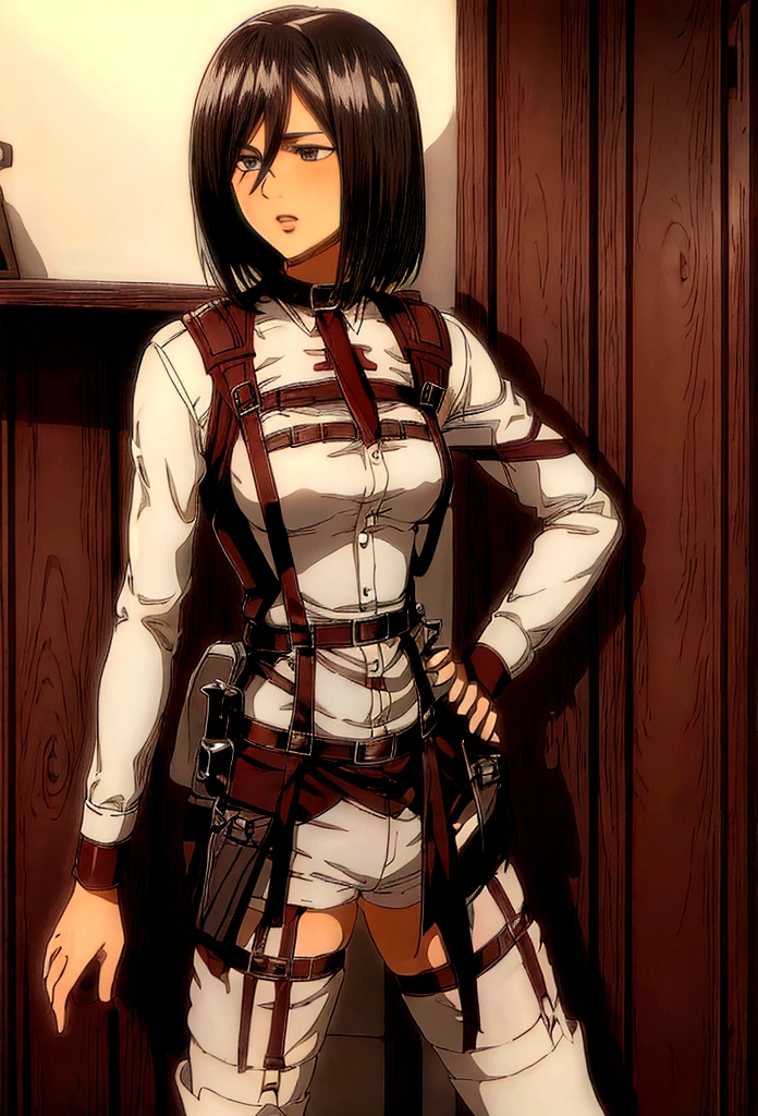 Mikasa Ackerman, teen, cabello negro, bodysuit blanco, medium breasts, suspender belt, lace stockings, sport boyshort, perfect legs, perfect body, perfect face, Masterpiece, high quality, sexy posture, dressroom