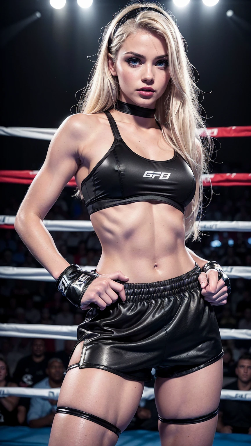 Cute young sexy blonde college bombshell, (young barbie doll face), 18 years old, blue eyes, (black boxing shorts:1.3), (sexy boxing shorts:1.3), (skimpy bra:1.3), (black boxing boots), blue eyes, straight blonde hair, muscular arms, slim toned body, tiny waist, boxing gloves, ((lipstick, heavy makeup:1.3)), ((skimpy sexy black boxing shorts:1.3)), ((sweaty shorts:1.3)), bimbo, full lips, perfect face, slutty makeup, perky breasts, small firm breasts, intimidating pose in a boxing ring, ((full body portrait:1.3)),