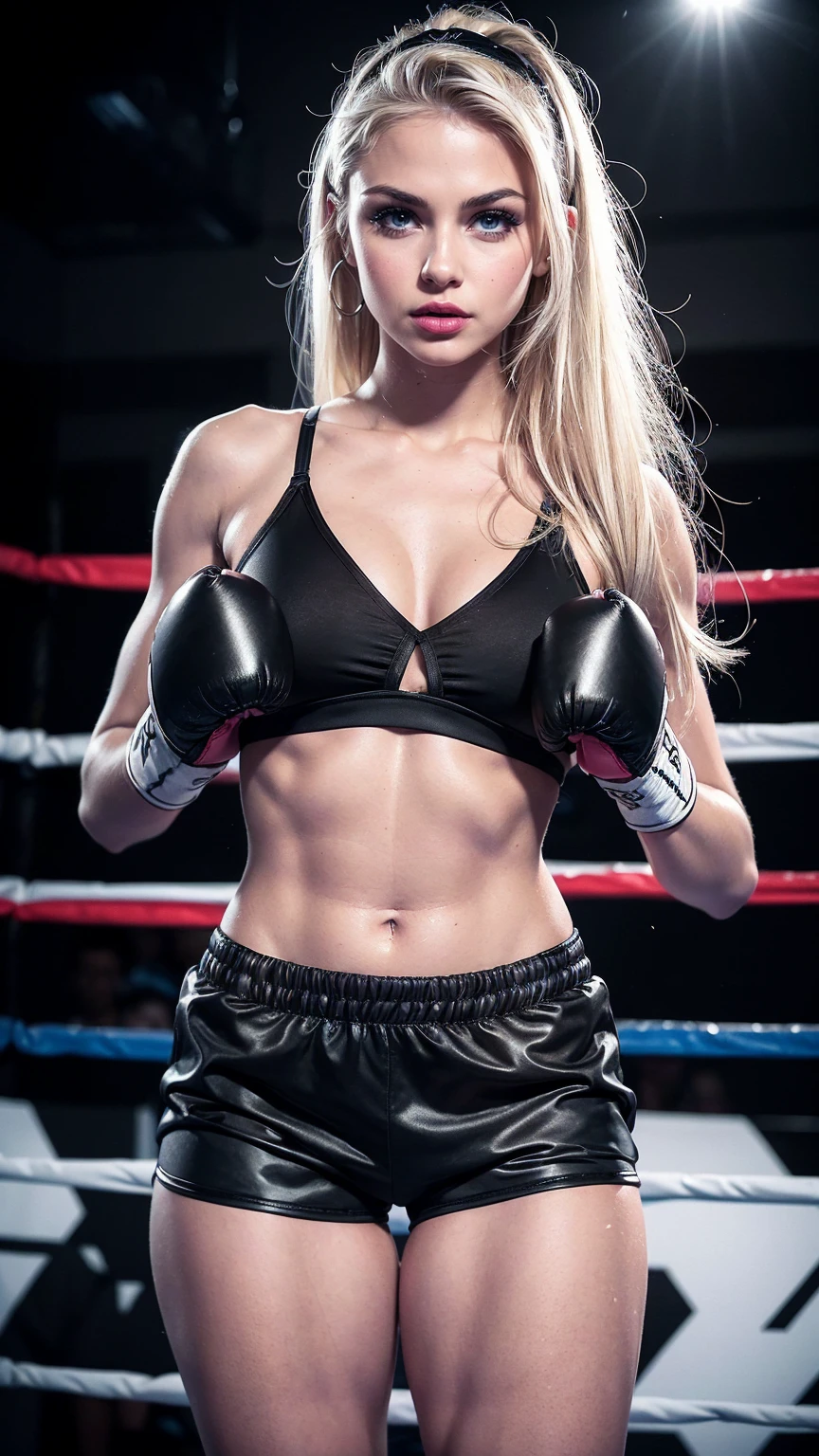 Cute young sexy blonde college bombshell, (young barbie doll face), 18 years old, blue eyes, (black boxing shorts:1.3), (sexy boxing shorts:1.3), (skimpy bra:1.3), (black boxing boots), blue eyes, straight blonde hair, muscular arms, slim toned body, tiny waist, boxing gloves, ((lipstick, heavy makeup:1.3)), ((skimpy sexy black boxing shorts:1.3)), ((sweaty shorts:1.3)), bimbo, full lips, perfect face, slutty makeup, perky breasts, small firm breasts, intimidating pose in a boxing ring, ((full body portrait:1.3)),