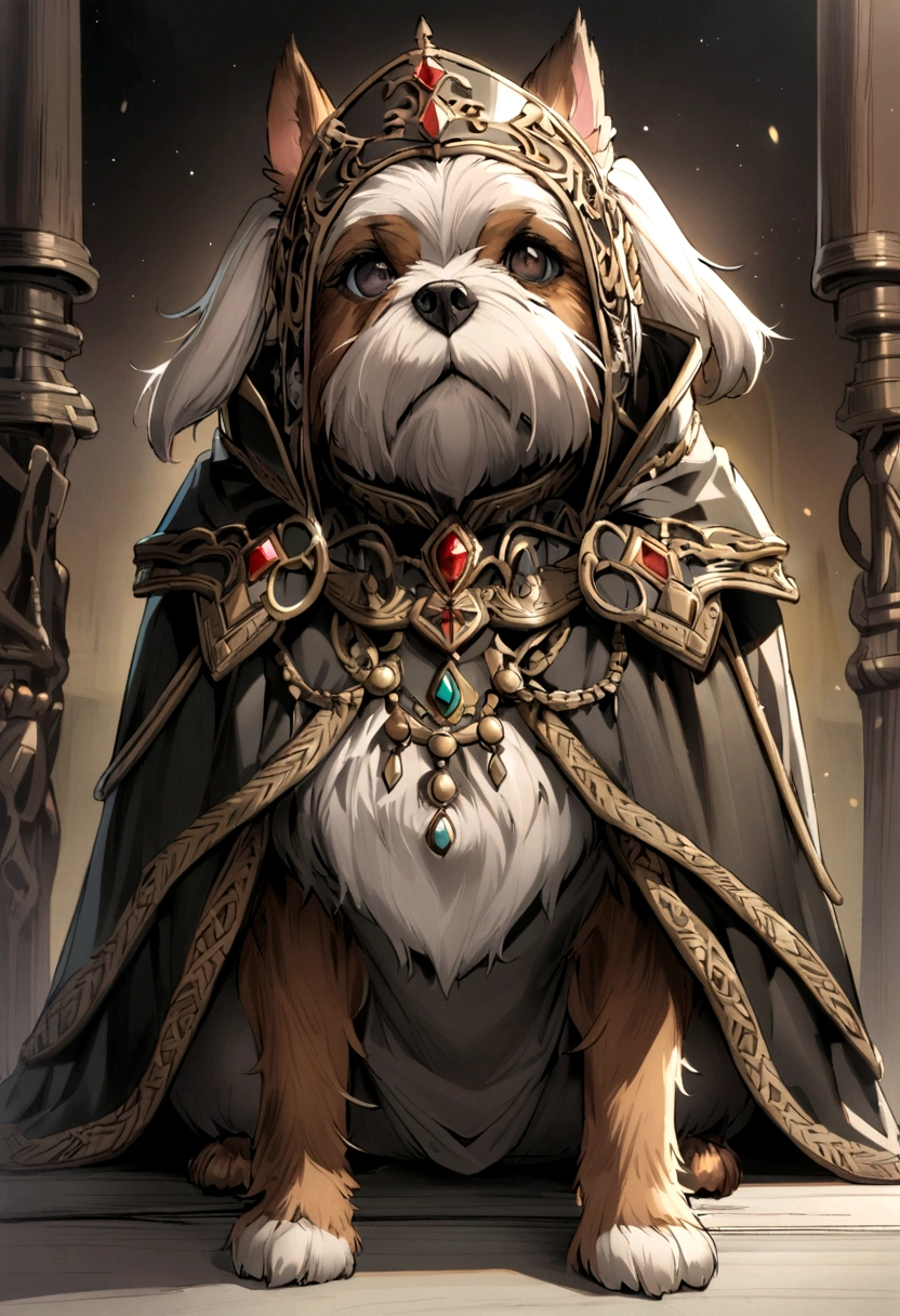 A Yorkshire terrier sitting looking at the camera, pelagem preta amarronzada com alguns fios cinzas e brancos