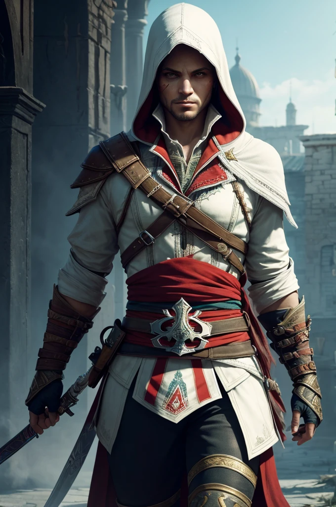 Create a warrior in Assassins Creed Odyseia style, a very colorful image for wallpaper