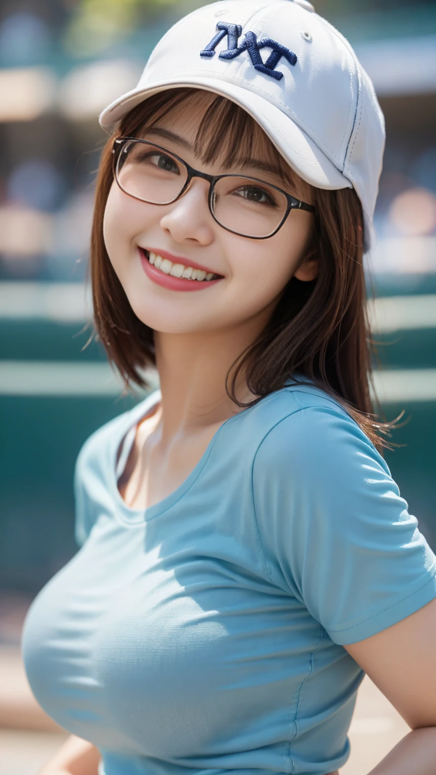 Highest quality, masterpiece, Ultra-high resolution, (Realistic:1.4),Beautiful woman,(Shortcuts),(Big Breasts) ,Beautiful Skin, Fine skin, 魅惑的なsmile, Background blur, smile, Baseball hats、Glasses、T-Shirts、jeans