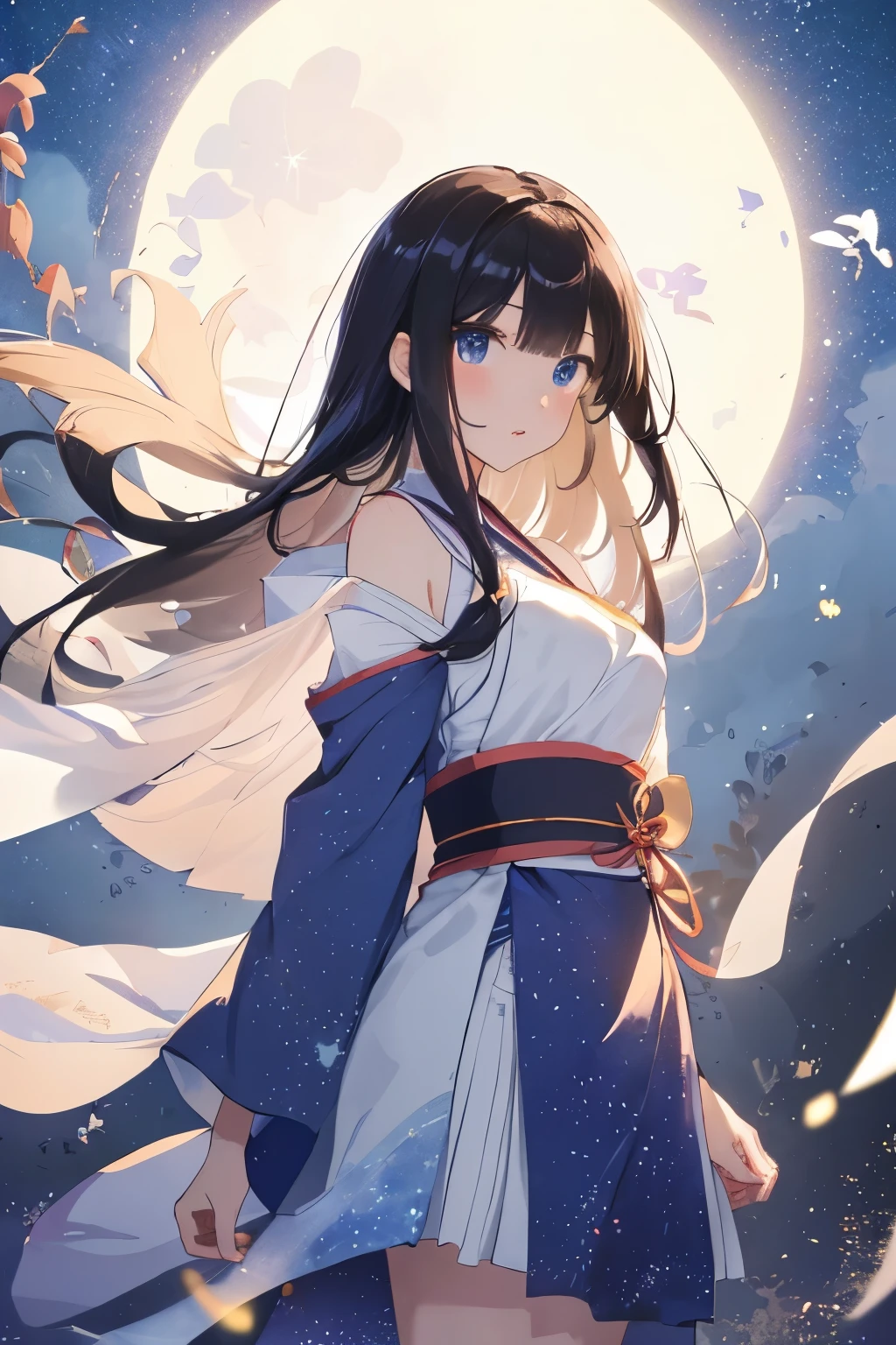 best quality, masterpiece, (独奏:1.2), (1 Female:1.2)、Age 25、Larger breasts、(Slender figure)、(Tanabata Orihime)、(White highlight in pupil:1.2)、Dark blue eyes、(Black-haired:1.2)、Straight bangs、(Long Hair)、(View your viewers:1.2)、White skin、(blush)、(Lively expressions)、(I blur the background a lot to make the woman stand out.:1.3)、(abstract style background:1.2)、(Wind-feeling background)、(Tanabata-like background:1.2)、(Night starry sky:1.3)
