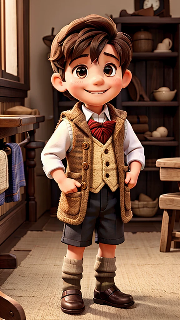 A little boy,Wear a woolen vest,Smiling happily,Shepherd's staff in hand,Stand on the hillside,There are a few sheep around。A small village can be seen in the distance。
