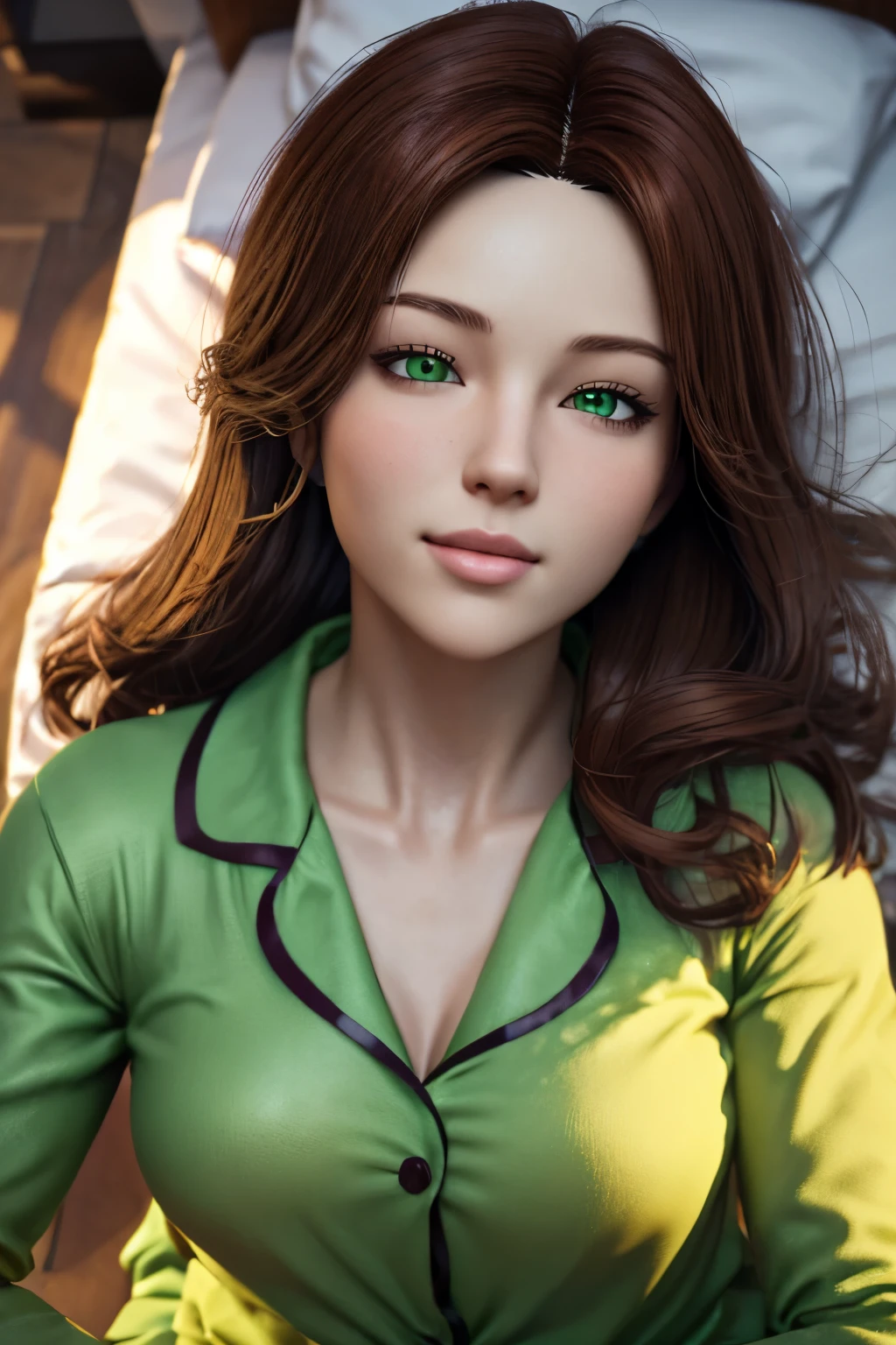 in bed. portrait, close-up, Face Upper body. Short, Red hair, green eyes, green pajamas with buttons, sexy body, smile, girl . ((elegance. gradient. Photorealism. Unreal engine. split. 3d model. Ultra high quality textures. high detail. permission 8k))