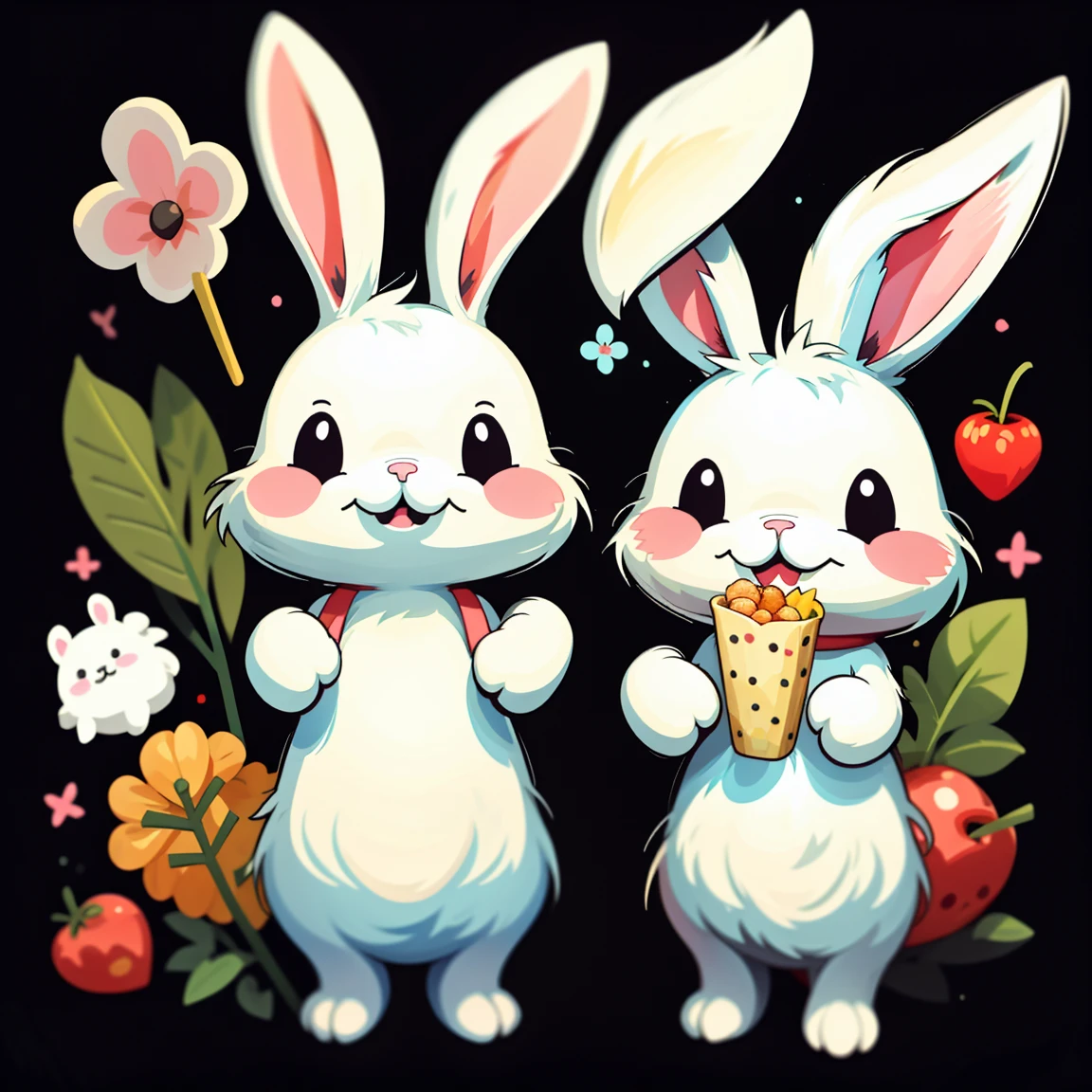 sticker, ((One cartoon)), a rabbit, eating, happy, Simple black background