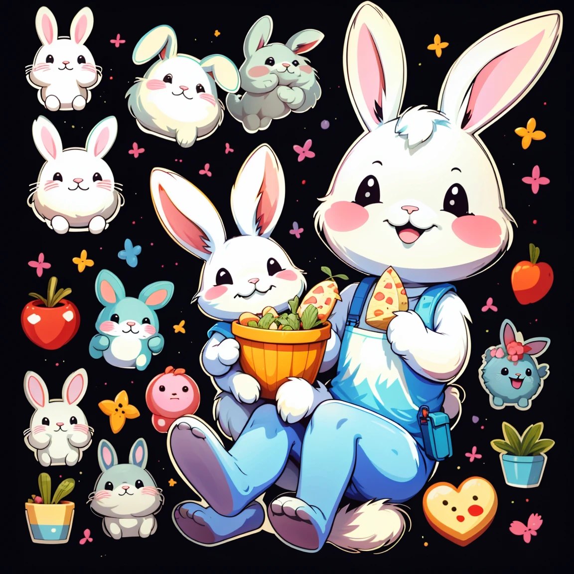 sticker, ((One cartoon)), a rabbit, eating, happy, Simple black background