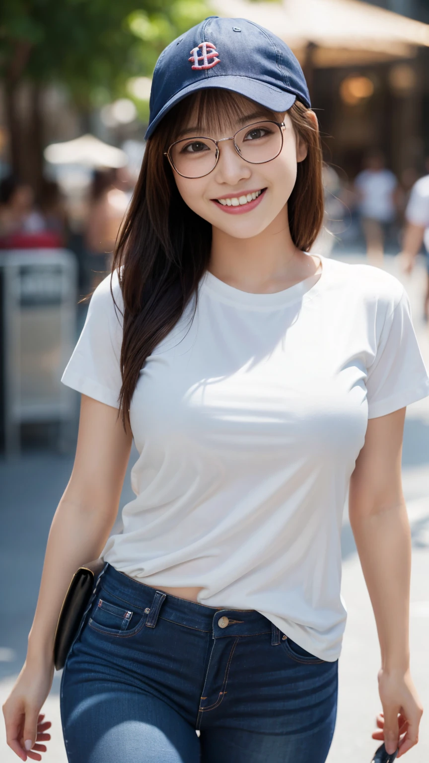Highest quality, masterpiece, Ultra-high resolution, (Realistic:1.4),Beautiful woman,(Shortcuts),(Big Breasts) ,Beautiful Skin, Fine skin, 魅惑的なsmile, Background blur, smile, Baseball hats、Glasses、T-Shirts、jeans