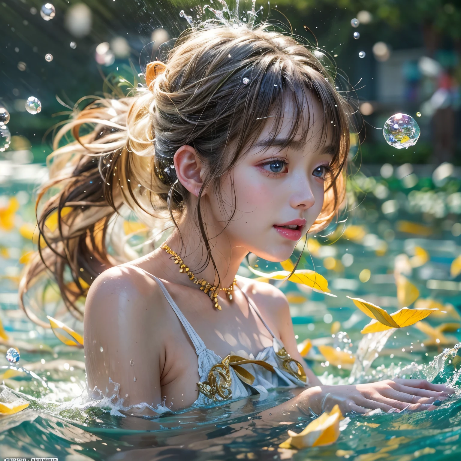 (8K TopQuality masterpiece: 1.2)(Realistic ProfessionalPhoto:1.37), VolumetricLighting. Tiny Girls, girl jumping into the water、Falling、splash water、shout、Luminous water surface、White and Bright colors, back lighting, Radiant PearlSkin, sparkling highlights, Detailed KAWAII face with cute lips, long eyelashes, Delicate clothes, Detailed open crotch