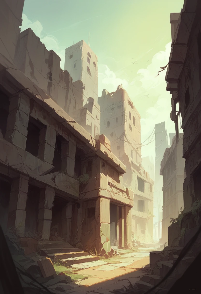 Abandoned scene of ruins of buildings with magic