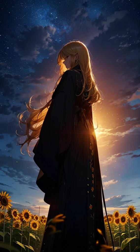 １people々々々々々々々々々々,Blonde long-haired woman，Long coat， Dress Silhouette， Rear View，Space Sky,　Sunflower flowers，Sunflower field，