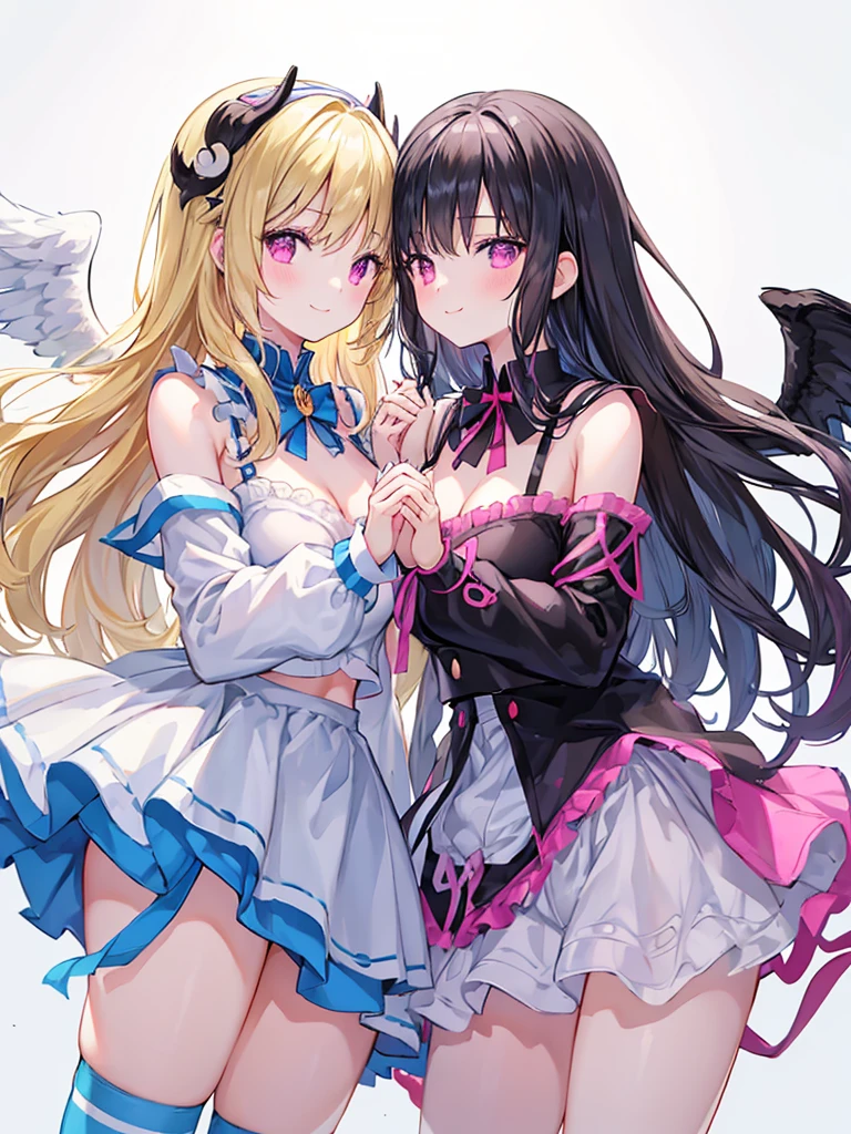 Highest quality,Highest Resolution,(((A beautiful girl with blue eyes and blonde hair in a maid leotard and white angel wings on her back)))and(((A beautiful girl with red eyes, purple hair, and black angel wings on her back in a gothic lolita leotard)))They are having sex while kissing in the sitting position,saliva,(((Halo))),smile,Frills,Knee-high stockings,A distant view,