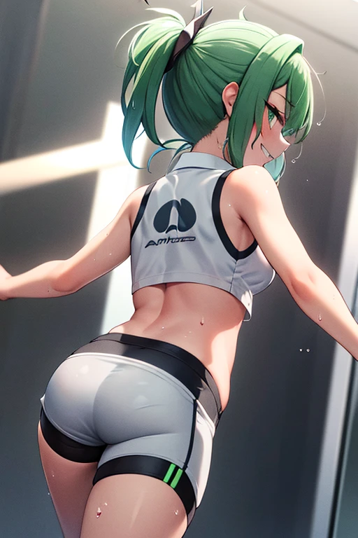 Green hair, folded ponytail, fine eyes, green eyes, masterpiece, sweat, soaked, best quality, hi-res, solo, wicked grin, ass facing you, running action and elegance, white sports short shorts, wet pants, white running shirt, wet shirt, sleeveless, braless, big, park, outdoor (en bikini) ("camisa mojada y de frente de la cámara") (en bikini ) (" mostrando tetas")( "su uniforme transparente ")(( sin ropa interior)) (*tocandose una teta*)(("uniforme pequeño más pequeño y trasparente")) (("posé sexy sacando la lengua"))  