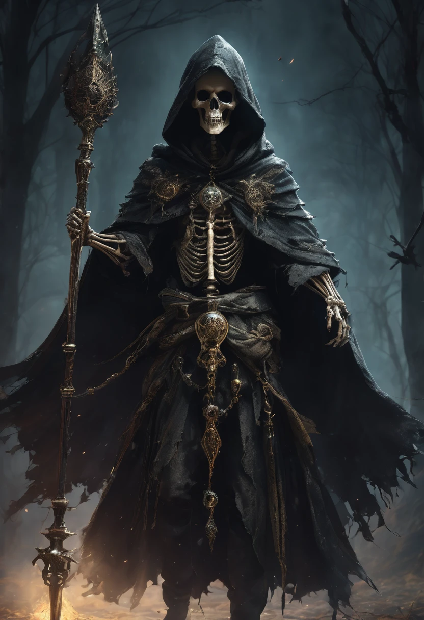 a skeletal necromancer wearing a tattered cloak with a hood, a magical spear made of bone in one hand, wearing a medallion with an eye, detailed skeletal face, detailed skeletal hands, dark fantasy, dramatic lighting, moody atmosphere, cinematic, intricate details, high quality, 8k, dark magic, gothic, fantasy, conceptart, dark and gritty, dramatic shadows, cinematic composition, dramatic pose