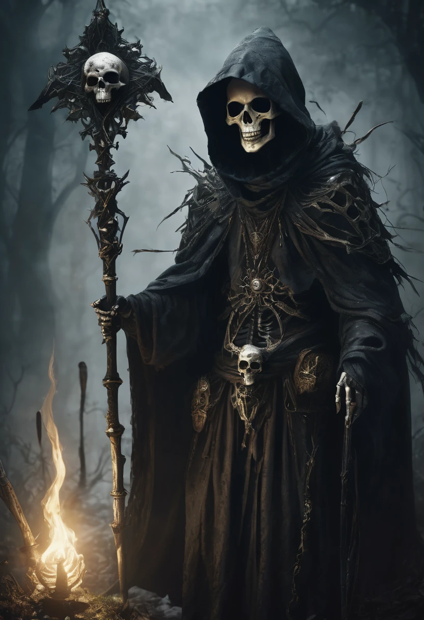 a skeletal necromancer wearing a tattered cloak with a hood, a magical spear made of bone in one hand, wearing a medallion with an eye, detailed skeletal face, detailed skeletal hands, dark fantasy, dramatic lighting, moody atmosphere, cinematic, intricate details, high quality, 8k, dark magic, gothic, fantasy, conceptart, dark and gritty, dramatic shadows, cinematic composition, dramatic pose