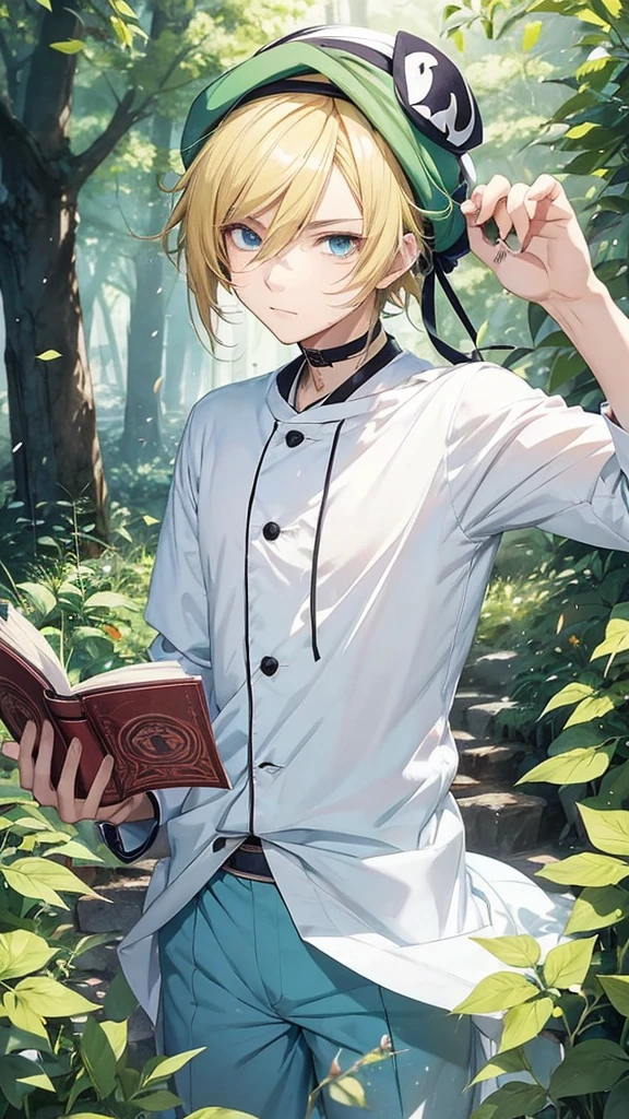 Anime boy with a book in his hand and wearing a hat, Handsome blond-haired man in demon-slaying art, green turban ,แฟนอาร์ต Demon Slayer Rui, official art, Delicate Androgynous Prince, Tall anime guy with blue eyes., Demon Slayer art style, anime moe art style, anime boy, beautiful androgynous prince, As an anime character, anime boy, Rei Hiroe