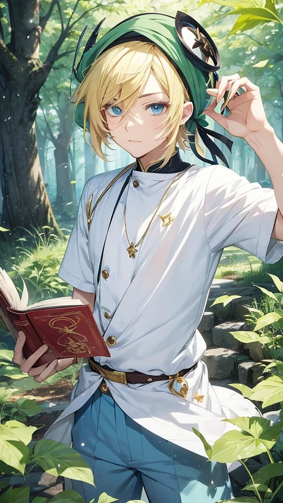 Anime boy with a book in his hand and wearing a hat, Handsome blond-haired man in demon-slaying art, green turban ,แฟนอาร์ต Demon Slayer Rui, official art, Delicate Androgynous Prince, Tall anime guy with blue eyes., Demon Slayer art style, anime moe art style, anime boy, beautiful androgynous prince, As an anime character, anime boy, Rei Hiroe