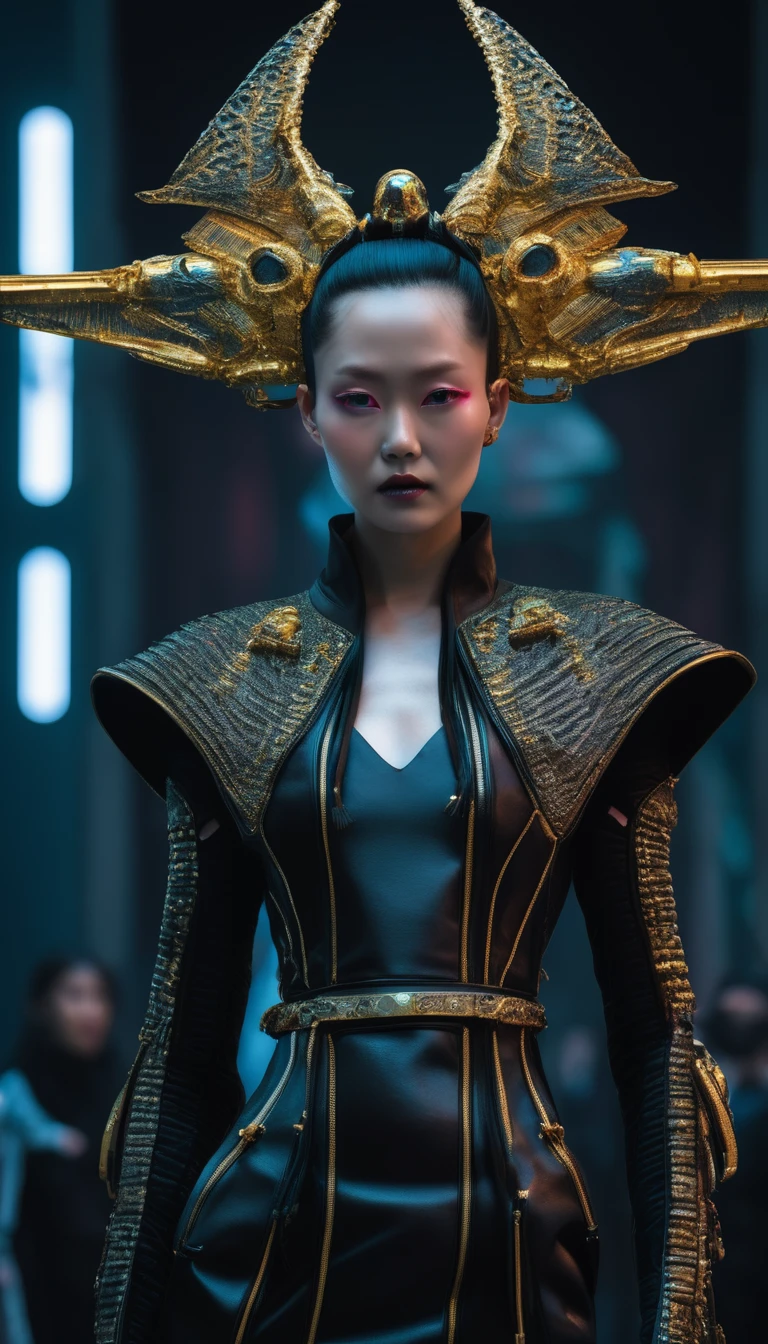 A fashion runway for alien technology , Cyberpunk fashion photography , Inspired by Chinese Xianxia and dark gothic，A fallen god in Greek mythology，(Best quality,4K,8K,A high resolution,Masterpiece:1.2), (Realistic,Photorealistic,photo-realistic:1.37).