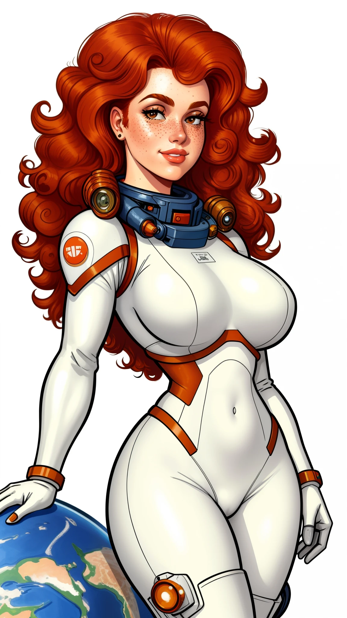 pretty woman, curly ginger hair, freckles, large breasts, rubenesque, space suit, white background, blank background, Retrofuturism, pinup. dieselpunk