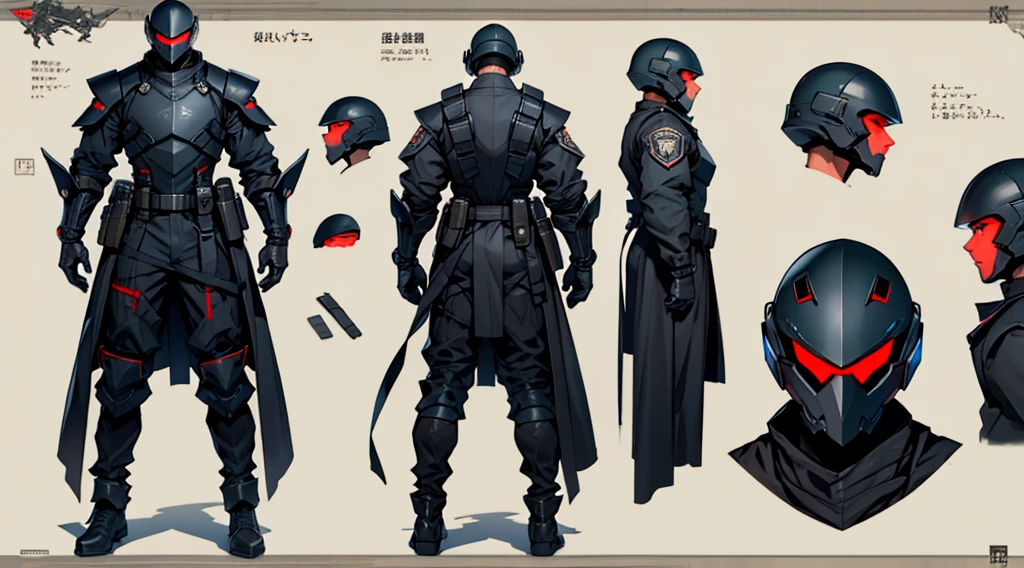 Character design sheet、male、Black military uniform、Body Armor、Full Face Cyber Helmet