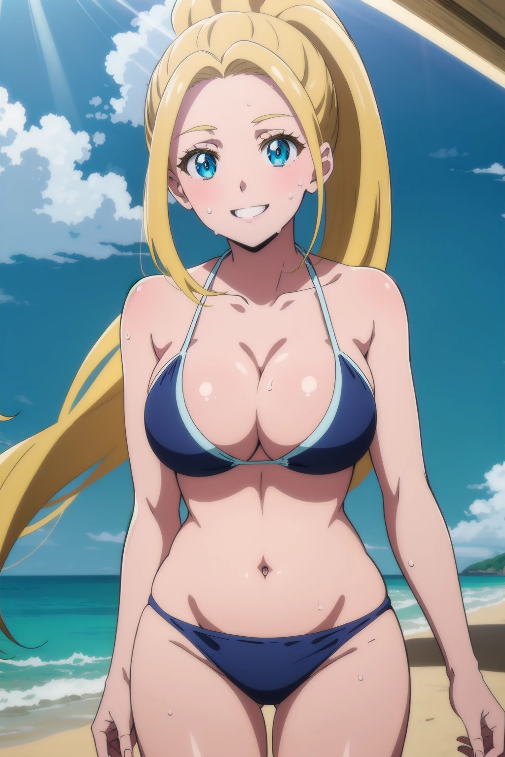 beatrixamerhauser, beatrix amerhauser, long hair, blue eyes, blonde hair, ponytail, Smiling, looking at the viewer, blue theme, blue background, cloudy sky, sunlight, sweat, orgasmic, bikini swimsuit, large breasts, cleavage, belly button exposed, collarbone, thighs, sea and beach,