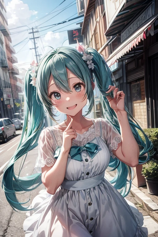 A mature Hatsune Miku is smiling brightly in a white dress.