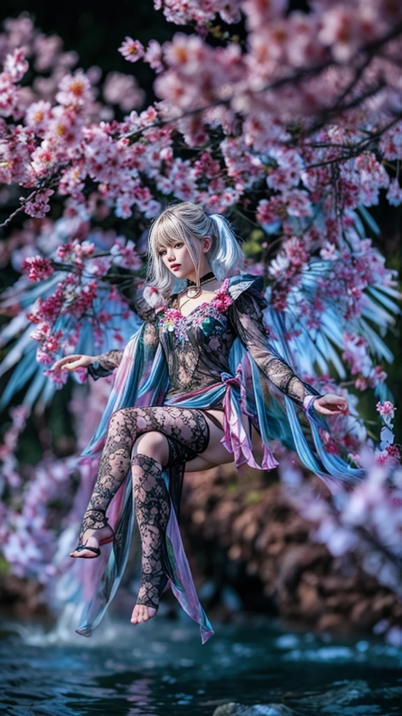 A girl perched on a blossoming cherry tree, petals gently tumbling down around her, serene expression, close-up on her features, soft focus background with pastel-hued blooms, springtime ambience, cherry blossoms framing the composition, morning light casting a gentle glow, digital painting, ultra fine details.