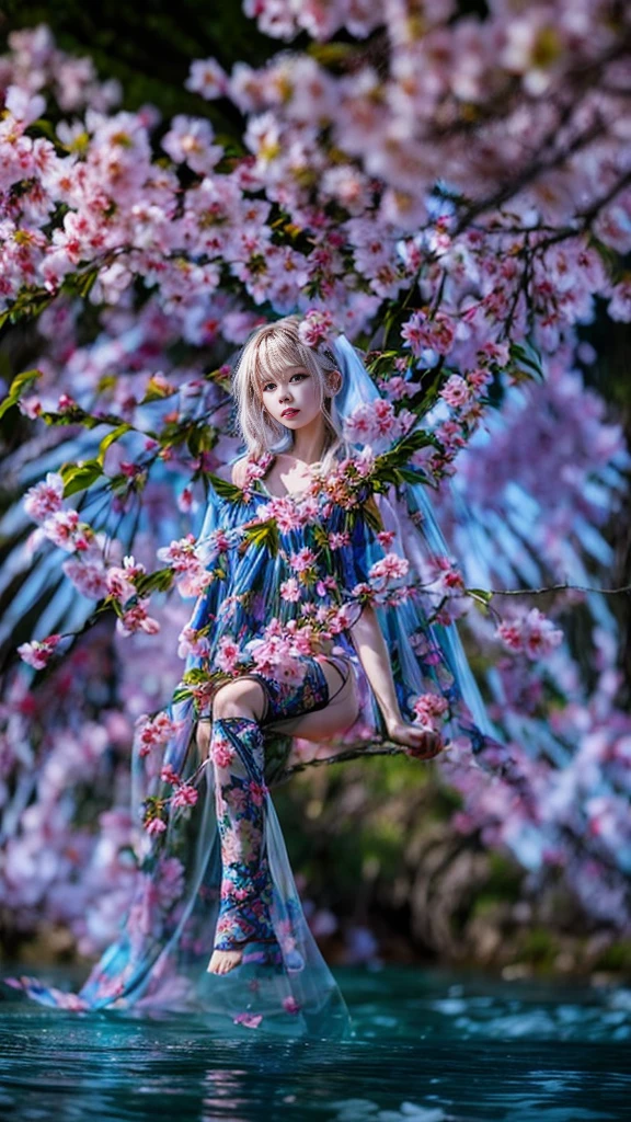 A girl perched on a blossoming cherry tree, petals gently tumbling down around her, serene expression, close-up on her features, soft focus background with pastel-hued blooms, springtime ambience, cherry blossoms framing the composition, morning light casting a gentle glow, digital painting, ultra fine details.